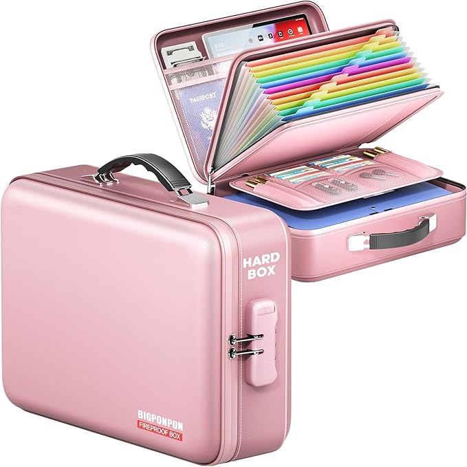 Fireproof Document Box, Hard Case Highly Flame-Resistant Fire Proof Waterproof File Organizer with Lock, Portable Fire Safe f