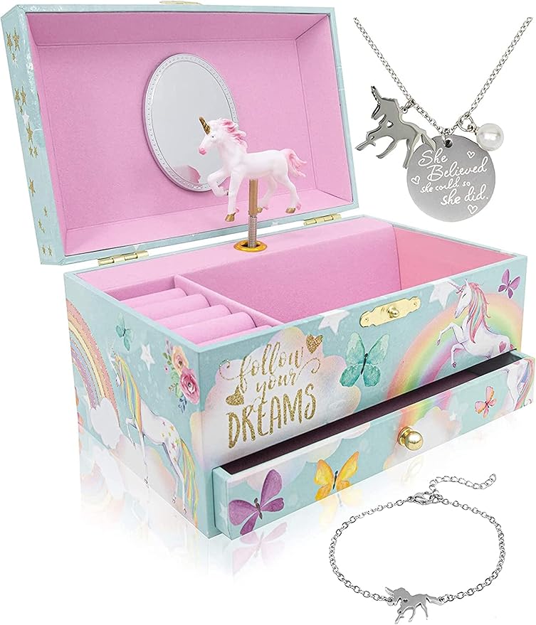 The Memory Building Co Unicorn Musical Jewelry Box Plays Classic Melody, Storage Organizer Music Box for Kids Ages 6-12, MDF 