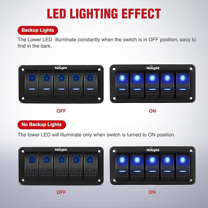 Nilight 16AWG 14AWG 12AWG LED Light Bar Wiring Harness Kit 12V On/Off 5 Gang Rocker Switch Panel Power Relay Blade Fuse 5Pin Toggle Switches for Cars Boat ATV Trucks-10 Leads