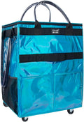 Reusable Grocery Bag with Wheels, Shopping Trolley with 8 Pockets and Zipper Cover Foldable Rolling Tote for Women, Kitchen, Travel, Carries Up to 66LBS (Large, Glitter Blue)