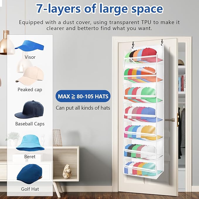 7-layer large capacity Hat Organizer, Hat Rack for Door With Dust Cover, Adjustable Hooks, And Transparent Visible Over The D