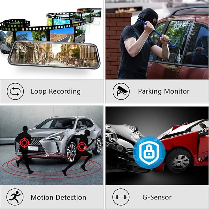 Upgraded 10'' Rear View Mirror Camera Mirror Dash Cam Front and Rear 1080P Backup Camera Full Touch Screen w Loop Recording, 