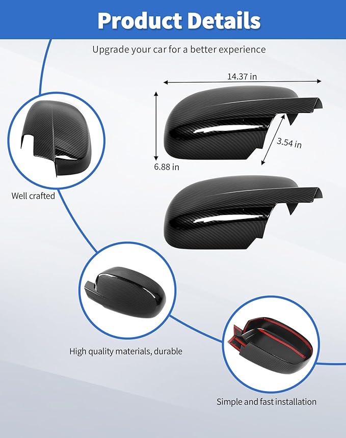 Rearview Mirror Fully Caps Covers Compatible with 2007-2014 Chevy Silverado GMC Sierra Avalanche Tahoe Suburban Yukon Escalade ESV Left Right Side View Mirror Cover Caps, Carbon Fiber