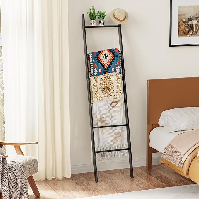 BAMBANG 6-Tier Blanket Ladder for Living Room, Blanket Quilt Ladder Rack Rustic Decorative Towel Holder, Wall Leaning Blanket