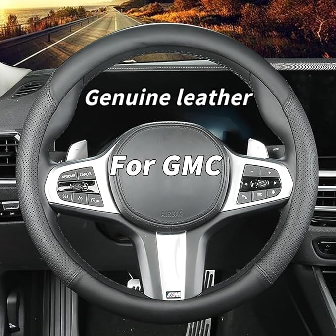 Custom-Fit for GMC Steering Wheel Cover, Genuine Leather Steering Wheel Cover, Non-Slip, Breathable, for GMC Accessories (Black (Black line), for GMC)