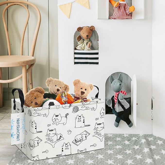 LANGYASHAN Rectangular Storage Bin Collapse Canvas Fabric Cartoon Storage Basket with Handles for Organizing Home Kitchen Boy