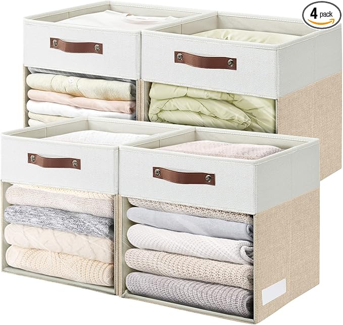 Bagnizer Storage Cubes, 4 Pack Linen Foldable Storage Bins with Clear Window and 2 Handles, 13x15x13 Storage Cube Bins for Sh
