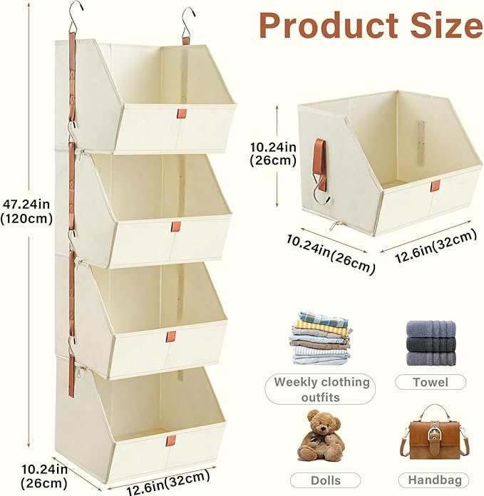 4 Tier Hanging Closet Organizer,Disassemblable Clothes Hanging Shelves,Fabric Closet Organizer System for Space-Saving,Foldab