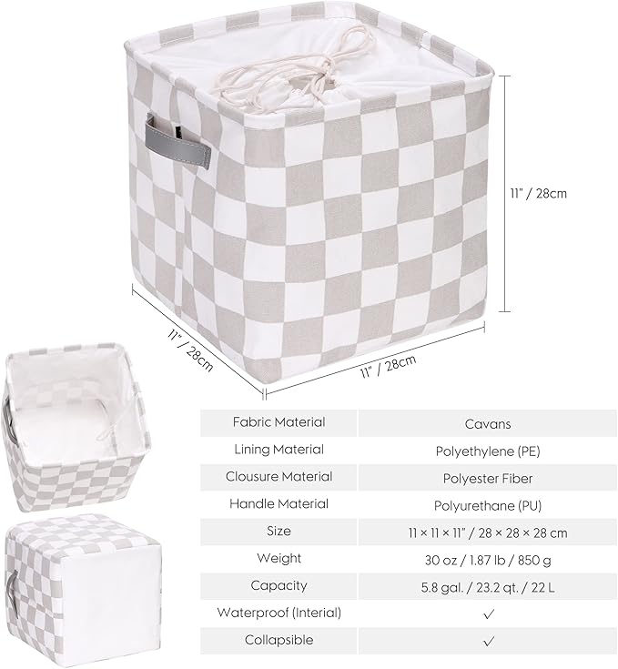 Hinwo 3-Pack Cubic Organizer Shelf Bins, Canvas Fabric Storage Baskets with Handles, 22L/5.8-Gal Square Storage Bins, Cubes, 