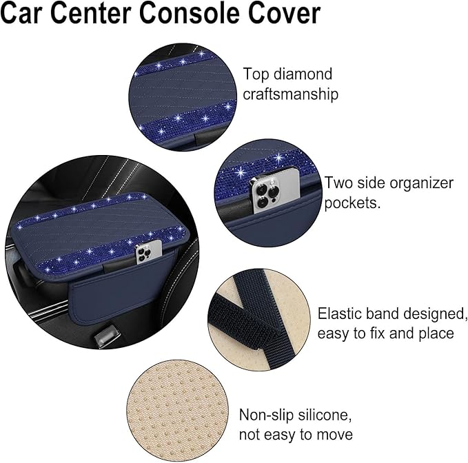 NBTEPEM Bling Blue Car Center Console Cover, Leather Car Arm Rest Cover with 2 Storage Bags, Universal Auto Armrest Protector Storage Box, Bling Accessories Interior for Most Vehicles