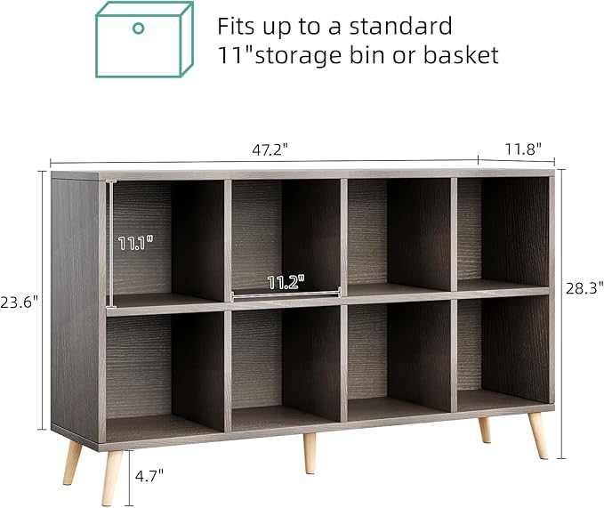 Flrrtenv 8-Cube Bookshelf 2 Tier Retro Bookcase with Legs, 11in Shelf Opening, 47" Wood Bookshelves Storage Organizer Shelf, 