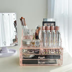Ikee Design Pink Jewelry & Cosmetic Storage Display Boxes Two Pieces Set, Pink Cosmetic Jewelry Organizer Makeup Holder, Orga