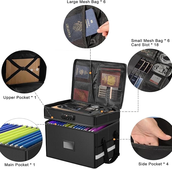 2 Layer Fireproof Document Box with Lock, File Box Water-Resistant File Organizer File Cabinet, Portable File Organizer Docum