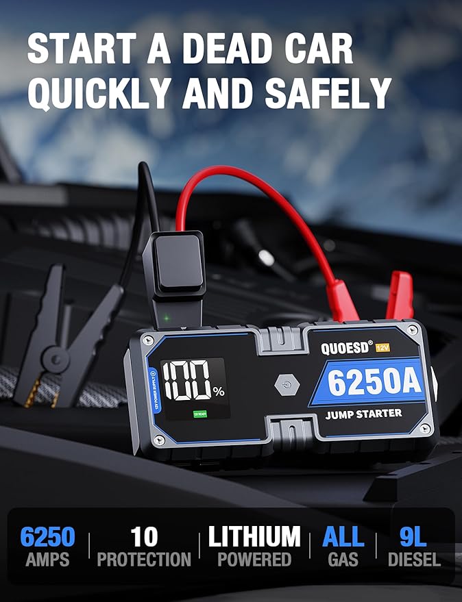 6250A Jump Starter Battery Jump Starter Battery Pack (for All Gas or 9.0+L Diesel), 2 USB Port, 12V Potable Car Jump Start