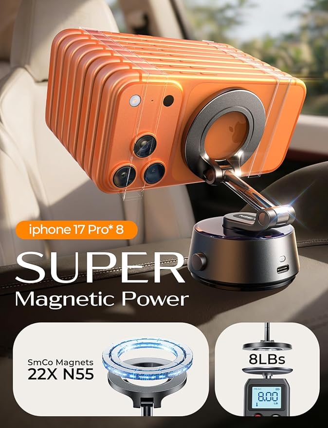 LISEN Suction Phone Mount【2026 Auto Vacuum 3.0】, 360 Adjustable Magnetic Phone Holder for Car Dashboard Universal Magsafe Accessories Gifts for Men Women for iPhone 17 Pro Max Air 16 15 14 13 12