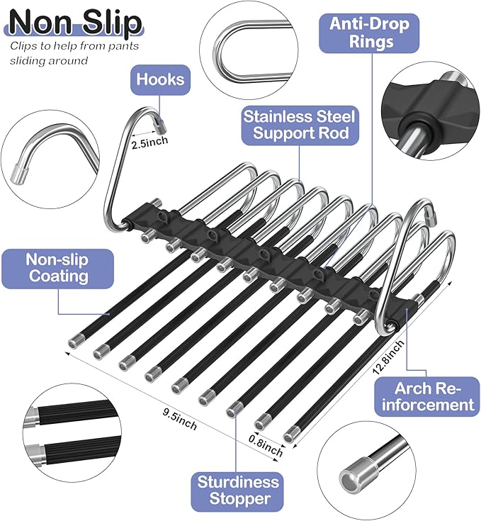 Upgrade 9 Layers Pants Hangers Space Saving, 2 Pack Non Slip Stainless Steel Multifunctional Pants Rack Closet Pant Hanger Or
