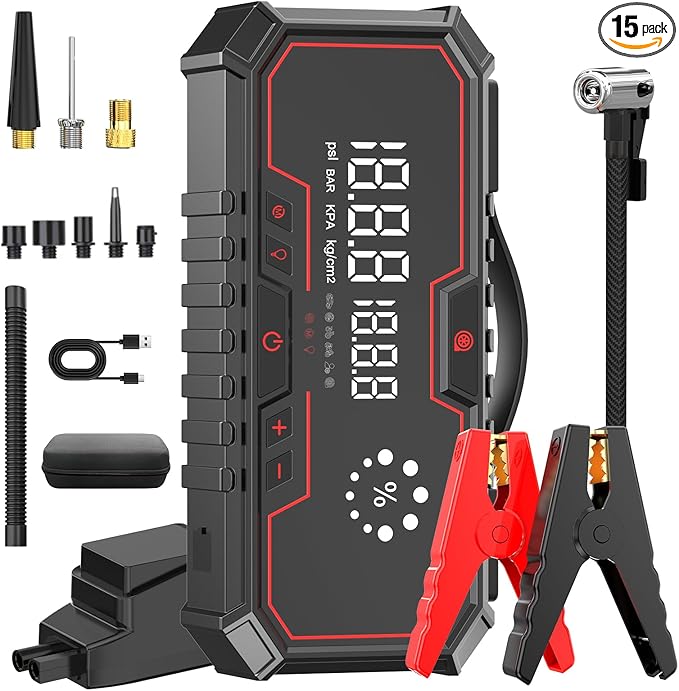 Jump Starter with air Compressor, 5000A Emergency Starter Jump Box (Gas 9L/Diesel 8L), Jumper Cable Jump Starter Portable with air Compressor 160PSI, car Roadside Emergency kit, SOS Light