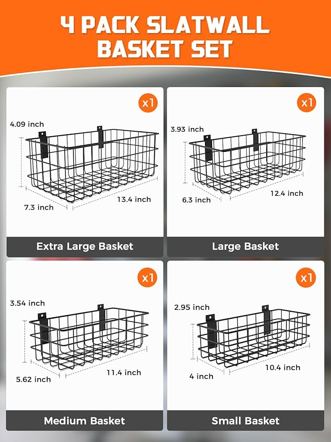 AZUNO 4 Pack Slatwall Baskets Set, Heavy Duty Metal Slat Wall Accessories Wire Baskets, Hanging Storage Organizer for Garage,