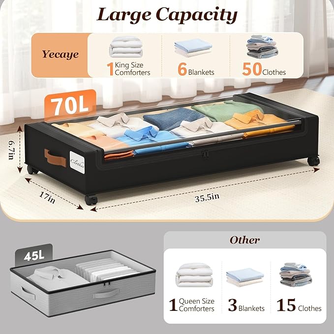 Yecaye Under Bed Storage with Wheels 2Pack, 70L Larger Capacity Under Bed Storage Containers, Underbed Shoe Storage Organizer
