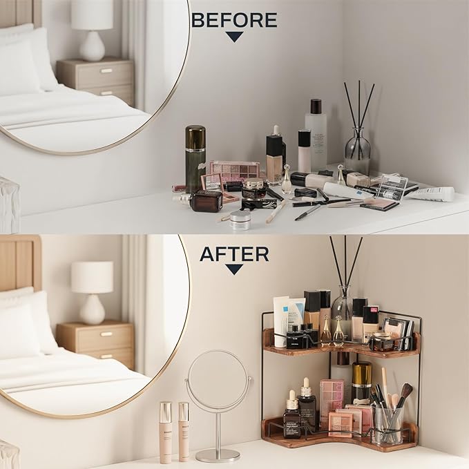 2-Tier Bathroom Counter Organizer, Wooden Corner Shelf for Vanity Countertop Skincare & Makeup, Storage and Organization for 