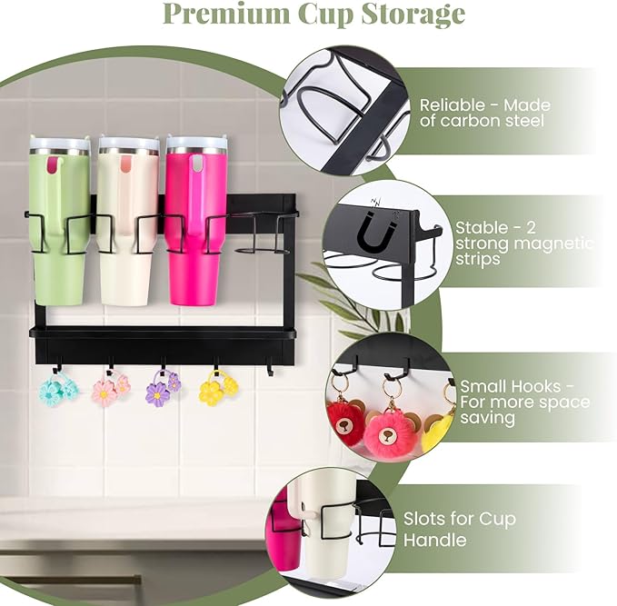 CINPIUK Water Bottle Organizer Holder, Magnetic Cup Rack Storage for Stanley & Large Tumbler, Space Saving Wall Mount Bottle 