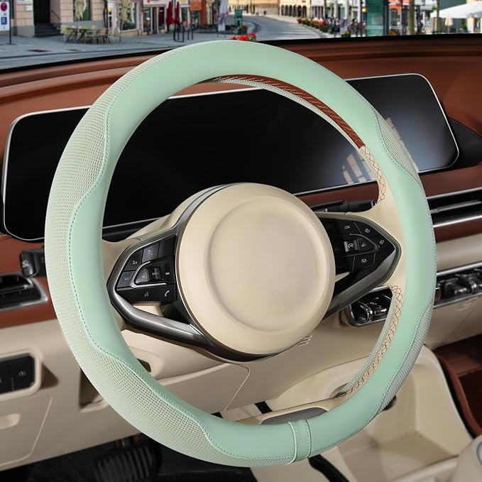 Nappa Leather Steering Wheel Cover, Advanced Microfiber Leather Non-Slip Breathable Fabric, Warm in Winter and Cool in Summer