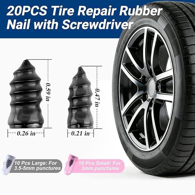 21 PCS Tire Repair Rubber Nail Kit, Premium Spiral Screw-in Tire Plugs with 2 Sizes, Emergency Roadside Flat Tire Fix Tool fo