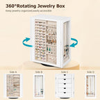 Emfogo 360° Rotating Jewelry Box for Women, Vintage Wooden Large Jewelry Organizer with 5 Drawers, Glass Doors, Vertical Open