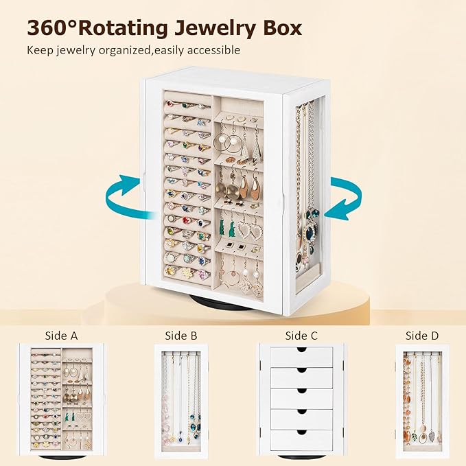 Emfogo 360° Rotating Jewelry Box for Women, Vintage Wooden Large Jewelry Organizer with 5 Drawers, Glass Doors, Vertical Open