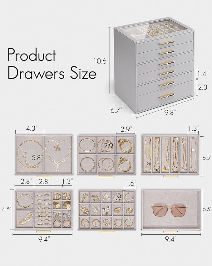Vlando 6 Layer Jewelry Box for Women, Glass Lid Jewelry Organizer with 6 Drawers for Necklaces Rings Earrings Bracelets - Gre