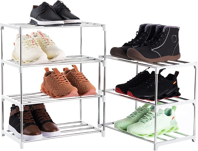 4-Tier Stackable Small Shoe Rack, Lightweight Shoe Shelf Storage Organizer for Entryway, Hallway and Closet(White)