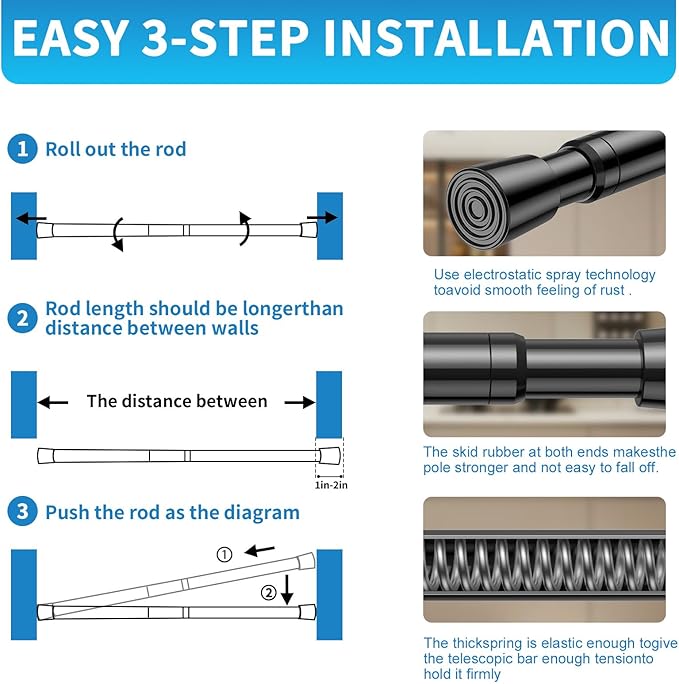 AIZESI Tension Curtain Rod for Windows 26.5 to 36 inch, Adjustable Expandable Pressure Spring Curtain Rod No Drilling, Black 