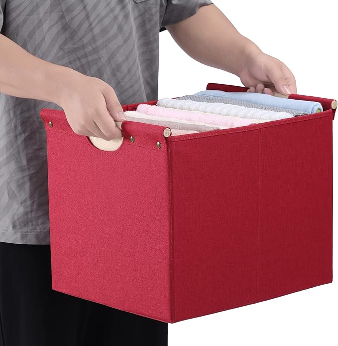 HOONEX Large Collapsible Storage Bins, Linen Fabric, Pack of 2, Storage Baskets with Wooden Carry Handles and Sturdy Heavy Ca