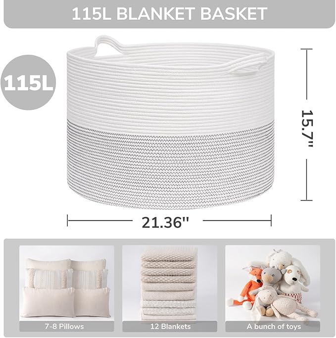 INDRESSME 115L Extra Large Blanket Basket, Cotton Rope Toy Baskets Storage Kids Toy Bin for Playroom Decor Woven Baby Laundry