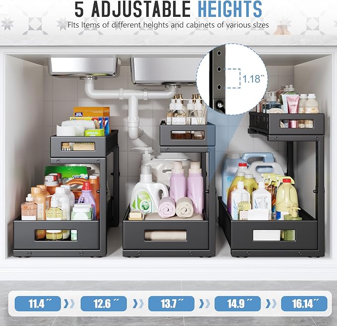2 Pack 19IN Depth Under Sink Storage Organizer, Large 2-Tier Elegant Mesh Pull Out Shelf for Kitchen and Bathroom Cabinet Org