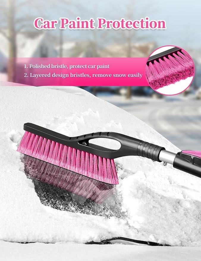 HEEYA 2 Pack Ice Scraper and Brush for Car, Extendable Snow Brush and Ice Scraper for Car Windshield Window, Car Snow Scraper and Brush with Foam Grip for SUV Truck Automobile Vehicle - Purple & Pink
