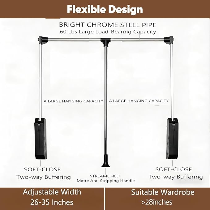 Pull Down Closet Rod, 60 lbs Load Capacity Adjustable 26-35 Inches Stainless Steel Soft-Close Wardrobe Lift with Two-way Buff