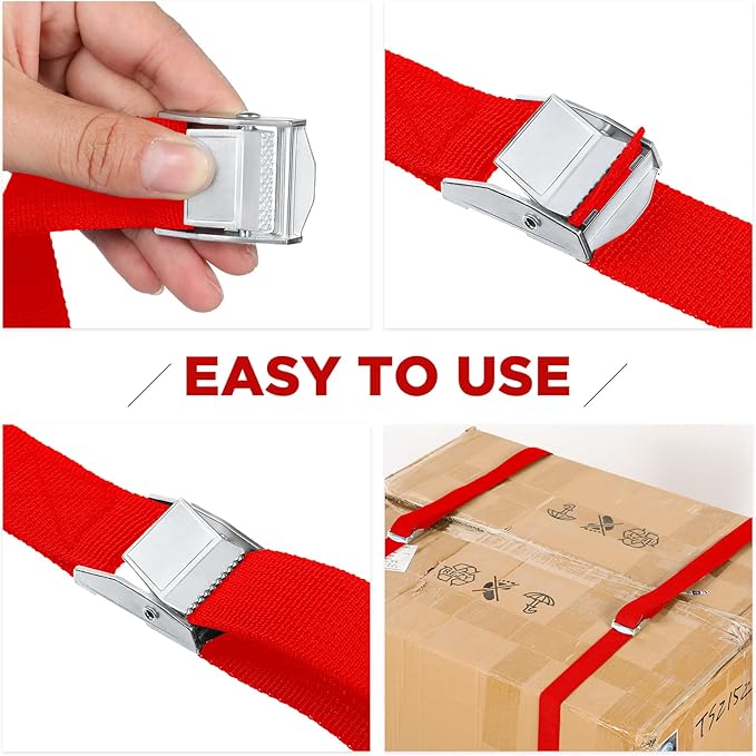 Riakrum 15 Pack 16 Feet Lashing Straps Adjustable Kayaks Tie Down Cam Buckle Straps with Buckles up to 250lbs for Cargo, Luggage, Motorcycles, Truck, Car Roof Rack, Sup Surfboard(Red)
