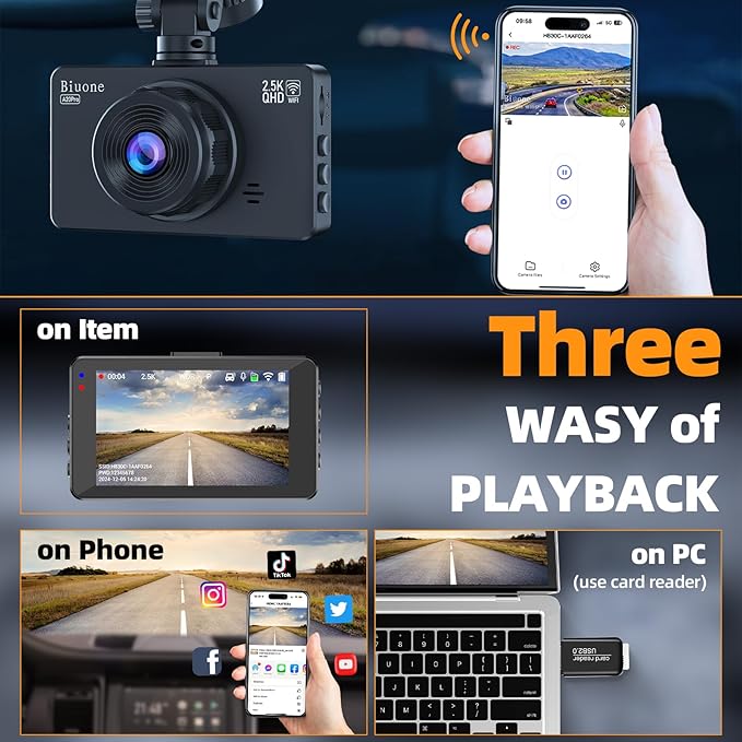 Dash Cam Front and Rear Dash Camera WiFi/APP Control Car Camera with 64G Card 2.5K Front Dash Cam+1080P Rear Dashcams with Su