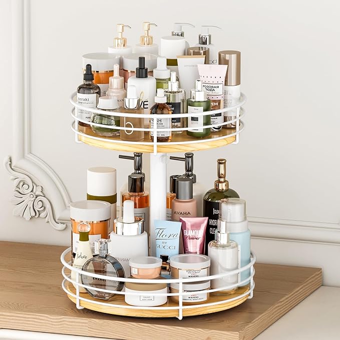 Two Tier Lazy Susan Metal, 2 Tier Wood Lazy Susan 12 Inch, Rotating Spice Rack Organizer for Cabinet Dining Table Top Kitchen