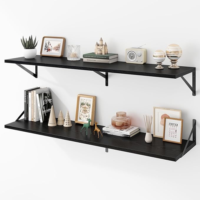 Deep Floating Shelves Wall Mounted, 48"x12" Black Wall Shelves with Brackets Set of 2 for Bedroom, Living Room, Bathroom, Kit