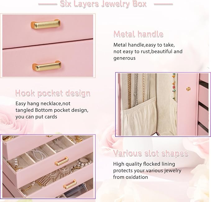 AKOZLIN Large Jewelry Box Organizer Functional with Big Mirror, Leather Jewelry Storage Case for Women Girls Ring Necklace Ea
