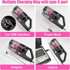Viewsun Car Vacuum Cordless Rechargeable, 8000PA High Power Handheld Vacuum Cleaner with 17PCS Car Cleaning Kit, Pink Auto Ac