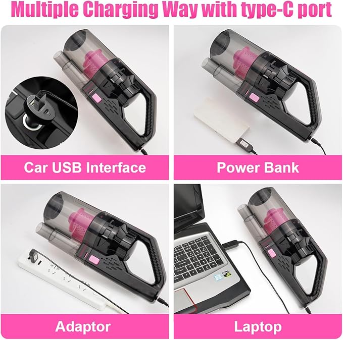 Viewsun Car Vacuum Cordless Rechargeable, 8000PA High Power Handheld Vacuum Cleaner with 17PCS Car Cleaning Kit, Pink Auto Ac