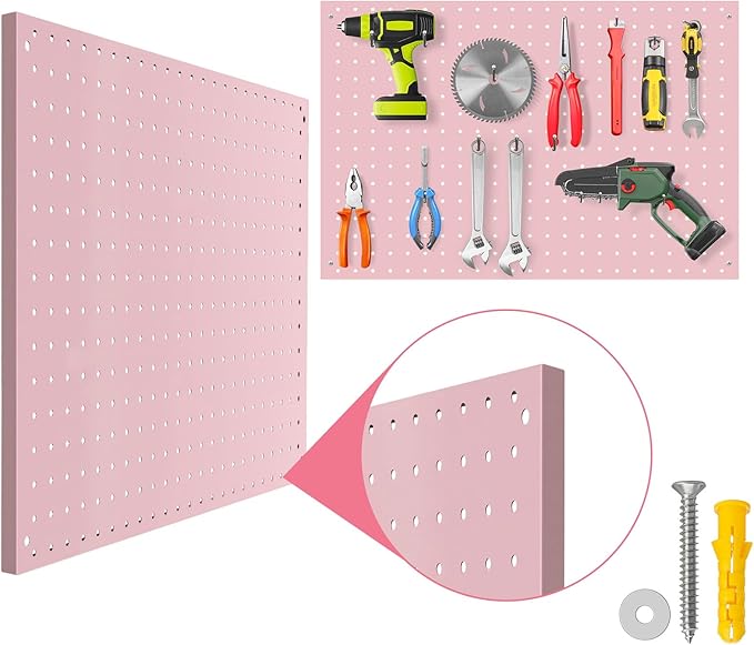 Peg Board, 4 Pack Metal Pegboard Panels Pink Pegboards Wall Organizer with Frame Large Heavy Duty Peg Board with Hooks for Wa