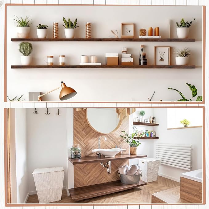 Sliner 8 Pcs 16'' Floating Shelves for Wall with Invisible Brackets, Rustic Wood Deep Wall Mounted Shelves for Home Decor, St