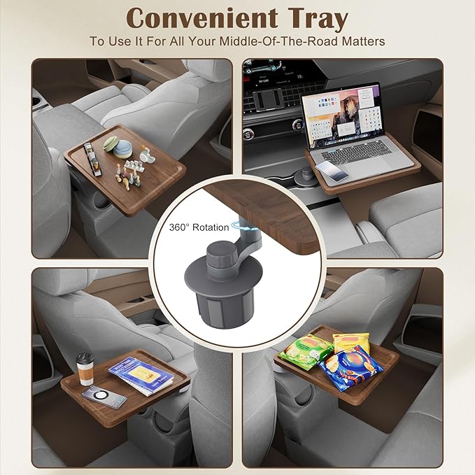 Car Tray & Car Desk for Laptop with Anti-Slip Protective Mat, 360° Rotating Wood Cup Holder Table, Eating Food, Working, Compatible with Tesla Model Y/3/S, Ford F150/Explorer/Maverick & Most Vehicles