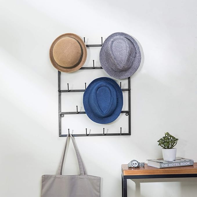 MyGift 5 Tier Modern Matte Black Metal Hat Rack for Wall, Entryway Organizer Hat, Scarves, Key Holder Hanger with 18 Hooks