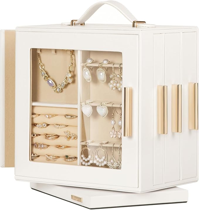 Homde Jewelry Box 360° Rotating, Necklace Earring Organizer with Transparent Window, Mirror, 7 Drawers, Large Ring Display St