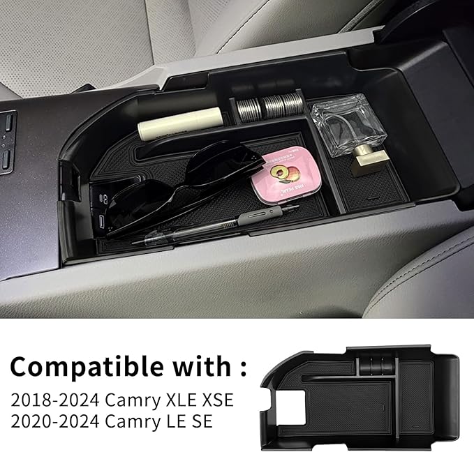 Xaido Center Console Organizer Tray Compatible with 2018-2024 Toyota Camry XLE XSE & 2020-2024 Camry LE SE with Dual USB Ports, Armrest Box Storage Tray Interior Accessories (Not for 2025)